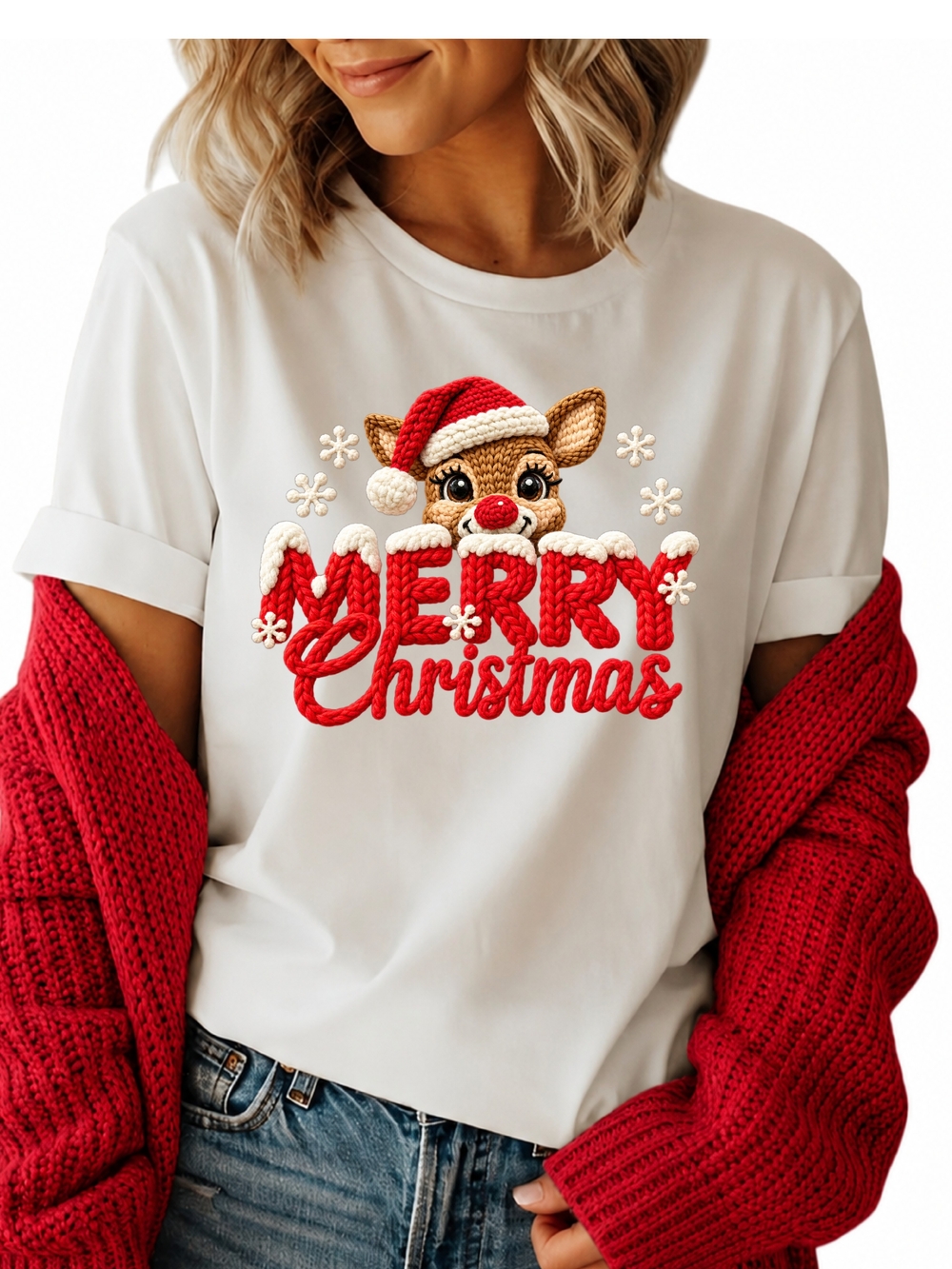Merry Christmas Reindeer Graphic Tee - White